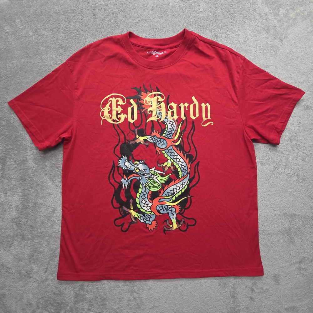 Ed Hardy Shirt Mens XL Red Dragon Graphic Tee Tagless Cotton Polyester